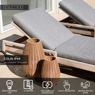 Lucide COLIN IP44 - Oplaadbare Tafellamp Binnen/Buiten - Accu/Batterij - LED 3 StepDim - 1x3W 3000K - IP44 - Naturel